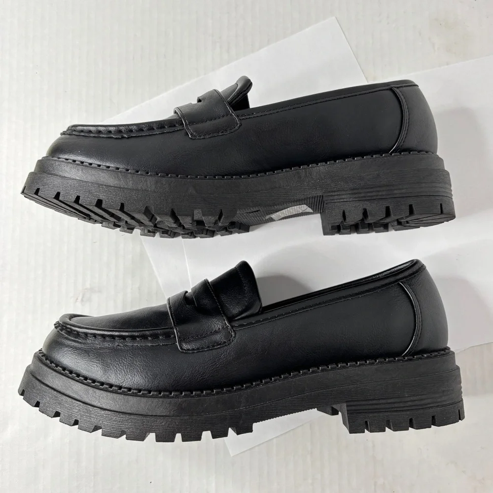 POP Womens Chunky Platform Penny Loafers Black Faux Leather Shoe Size 10 Gothic